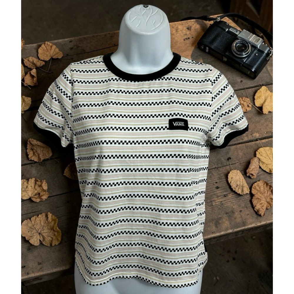 Vans Striped Shirt Women's Sz Small Ringer Tee Checkered Short Sleeve Cotton